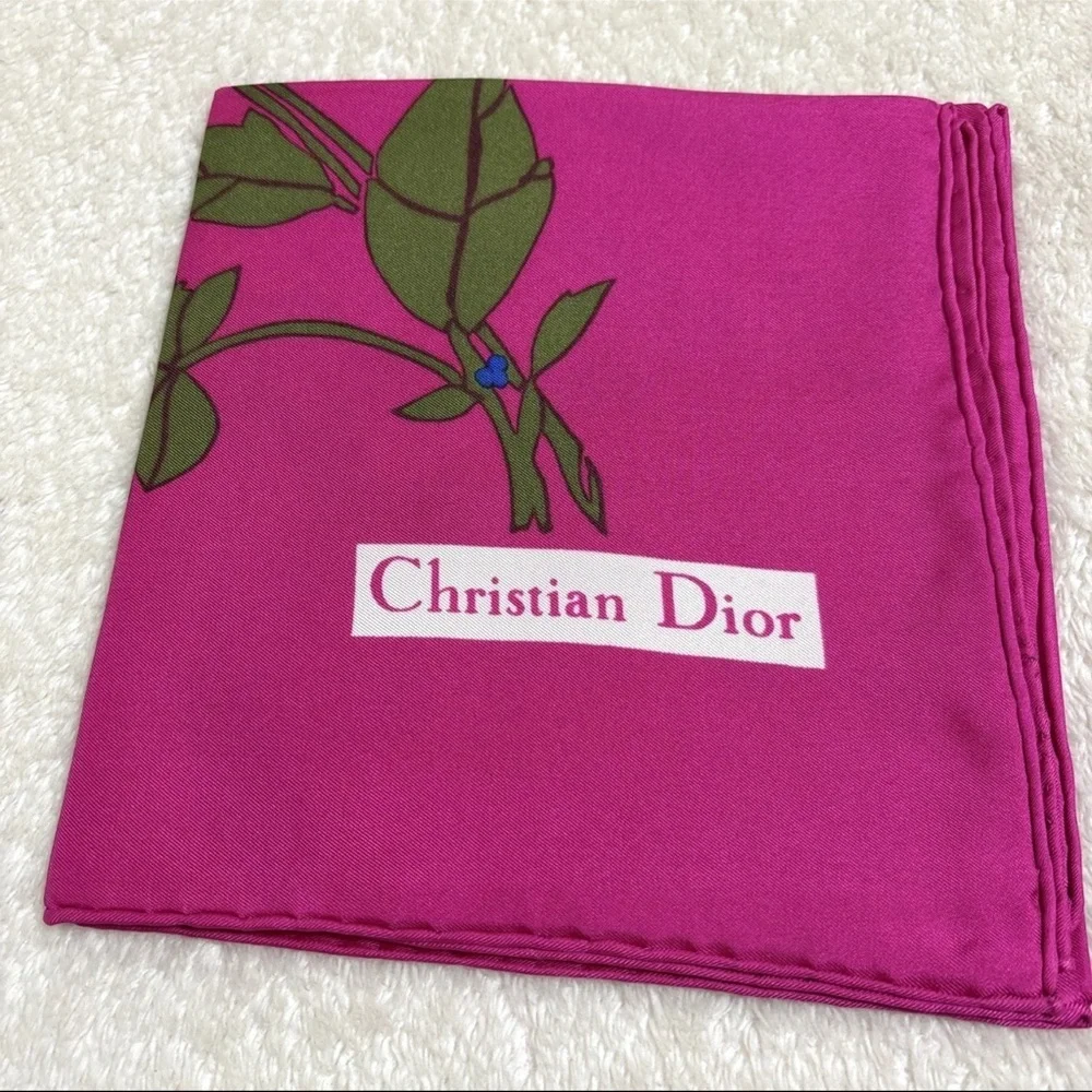 Christian Dior Silk Scarf 30in Fuchsia Pink Floral Botanical Leaves Design